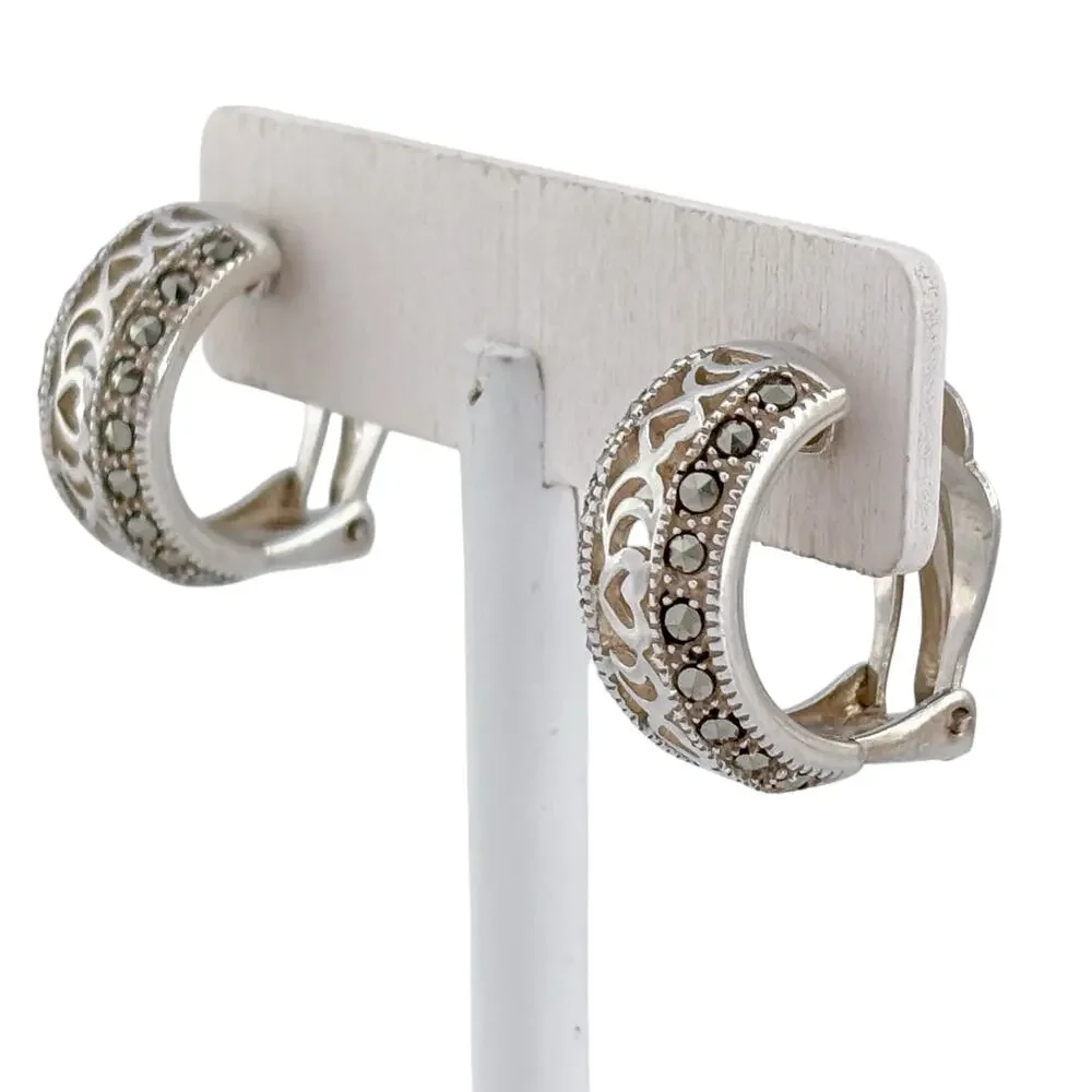 Vintage Sterling Silver 925 Marcasite Hoop Earrings